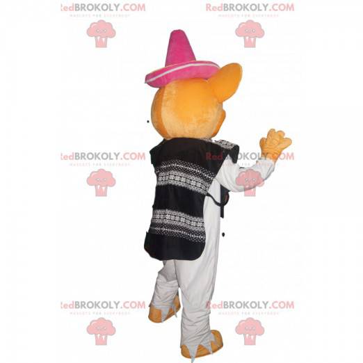 Orange musmaskot med en sombrero och en traditionell tunika -
