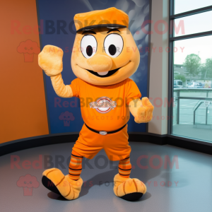Orange Bagels mascot costume character dressed with a Baseball Tee and Hair clips
