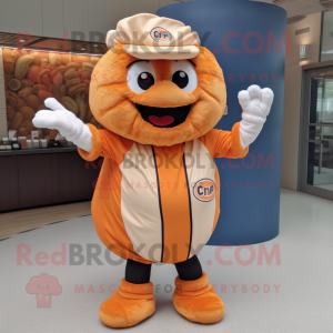 Orange Bagels mascot costume character dressed with a Baseball Tee and Hair clips