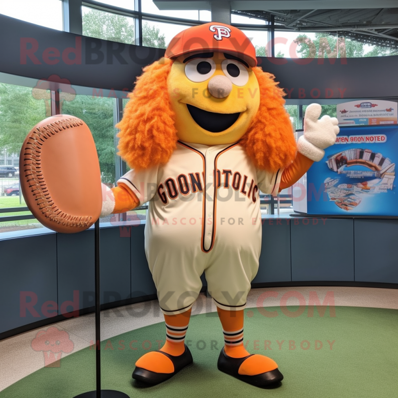 Orange Bagels mascot costume character dressed with a Baseball Tee and Hair clips Orange Bagels mascot costume character dressed with a Baseball Tee and Hair clips
