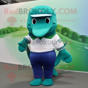 Green Blue Whale mascot costume character dressed with a Polo Shirt and Suspenders
