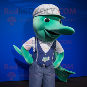 Green Blue Whale mascot costume character dressed with a Polo Shirt and Suspenders