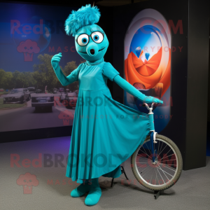 Teal Unicyclist mascot costume character dressed with a Empire Waist Dress and Gloves