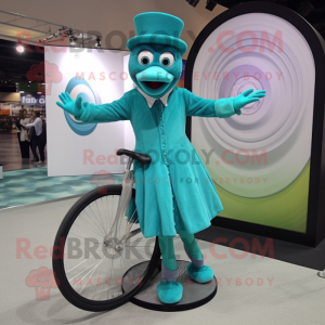 Teal Unicyclist mascot costume character dressed with a Empire Waist Dress and Gloves
