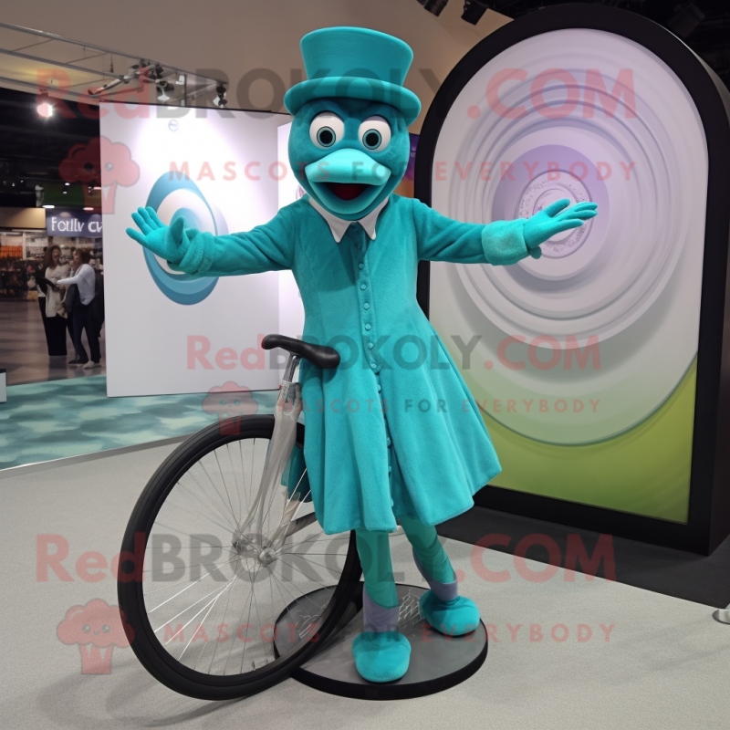 Teal Unicyclist mascot costume character dressed with a Empire Waist Dress and Gloves