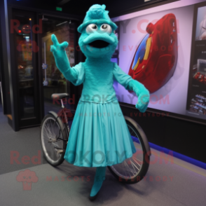 Teal Unicyclist mascot costume character dressed with a Empire Waist Dress and Gloves