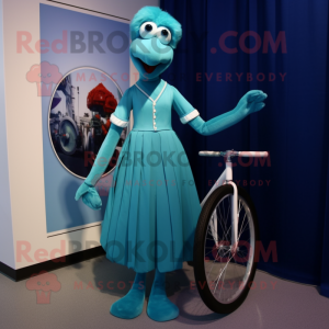 Teal Unicyclist mascot costume character dressed with a Empire Waist Dress and Gloves