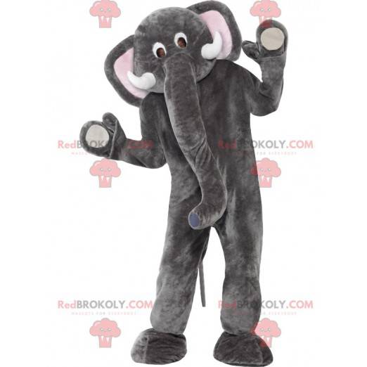 Mascote elefante cinzento e branco com uma grande tromba -