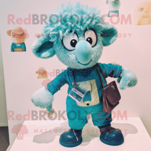 Turquoise Suffolk Sheep mascot costume character dressed with a Mom Jeans and Coin purses