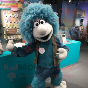 Turquoise Suffolk Sheep mascot costume character dressed with a Mom Jeans and Coin purses