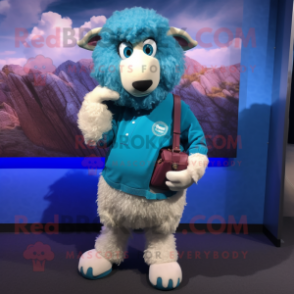 Turquoise Suffolk Sheep mascot costume character dressed with a Mom Jeans and Coin purses