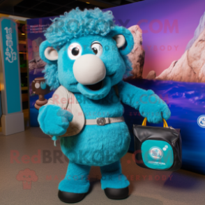 Turquoise Suffolk Sheep mascot costume character dressed with a Mom Jeans and Coin purses