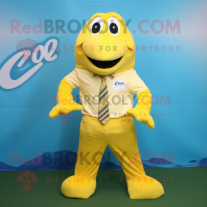 Yellow Cod mascot costume character dressed with a Polo Shirt and Pocket squares
