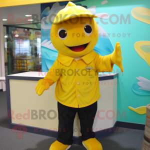 Yellow Cod mascot costume character dressed with a Polo Shirt and Pocket squares