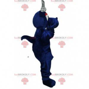 Mascotte de dragon bleu nuit avec des cornes blanches -