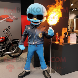 Sky Blue Fire Eater mascot costume character dressed with a Biker Jacket and Wallets