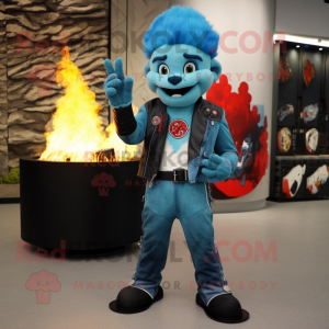 Sky Blue Fire Eater mascot costume character dressed with a Biker Jacket and Wallets