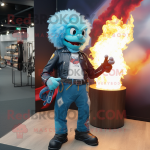 Sky Blue Fire Eater mascot costume character dressed with a Biker Jacket and Wallets