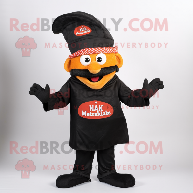 Black Tikka Masala mascot costume character dressed with a Graphic Tee and Hat pins Black Tikka Masala mascot costume character dressed with a Graphic Tee and Hat pins