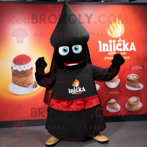 Black Tikka Masala mascot costume character dressed with a Graphic Tee and Hat pins