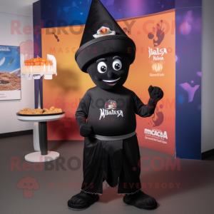 Black Tikka Masala mascot costume character dressed with a Graphic Tee and Hat pins