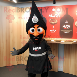 Black Tikka Masala mascot costume character dressed with a Graphic Tee and Hat pins