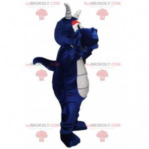 Mascotte de dragon bleu nuit avec des cornes blanches -