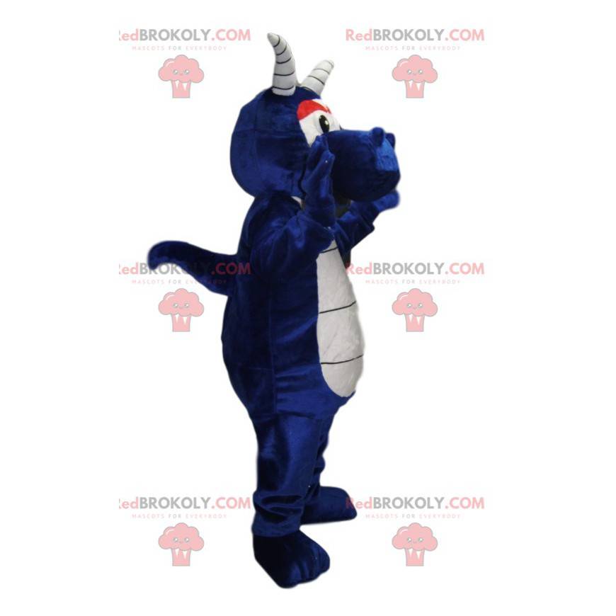 Nattblå drage maskot med hvite horn - Redbrokoly.com