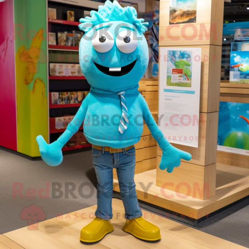 Turquoise Aglet mascot costume character dressed with a Oxford Shirt and Anklets