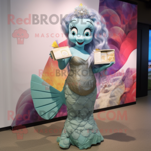 Gray Mermaid mascot costume character dressed with a Bikini and Coin purses