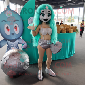 Gray Mermaid mascot costume character dressed with a Bikini and Coin purses