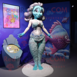 Gray Mermaid mascot costume character dressed with a Bikini and Coin purses