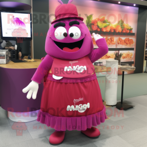 Magenta Burgers mascot costume character dressed with a Maxi Skirt and Backpacks