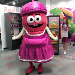 Magenta Burgers mascot costume character dressed with a Maxi Skirt and Backpacks