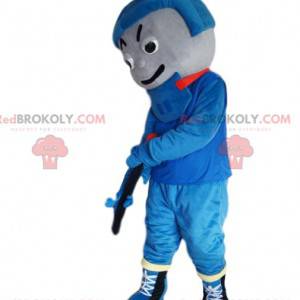 Hockeyspielermaskottchen in blauer Sportbekleidung -