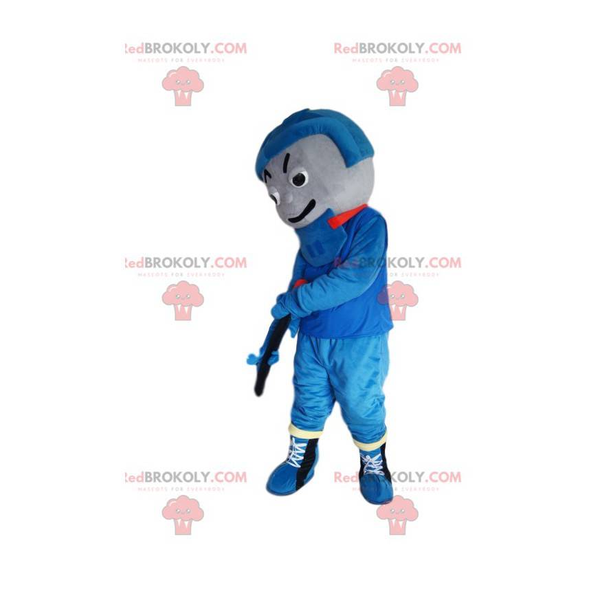 Hockeyspielermaskottchen in blauer Sportbekleidung -