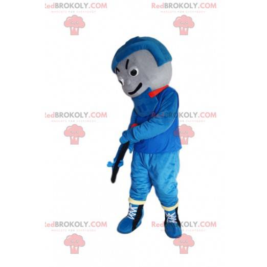 Hockeyspielermaskottchen in blauer Sportbekleidung -