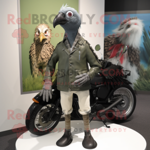 Olive Guinea Fowl mascot costume character dressed with a Moto Jacket and Cufflinks