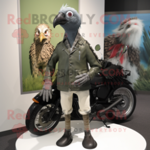 Olive Guinea Fowl mascot costume character dressed with a Moto Jacket and Cufflinks