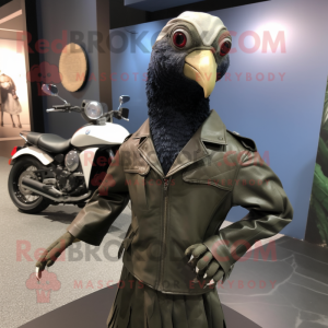 Olive Guinea Fowl mascot costume character dressed with a Moto Jacket and Cufflinks