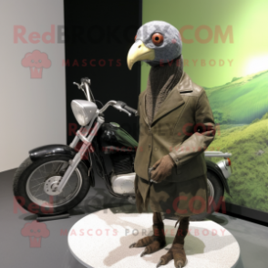 Olive Guinea Fowl mascot costume character dressed with a Moto Jacket and Cufflinks