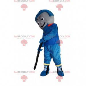 Mascotte del giocatore di hockey in abiti sportivi blu -