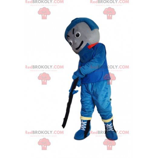 Hockeyspielermaskottchen in blauer Sportbekleidung -