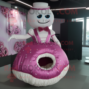 Magenta Donut mascot costume character dressed with a Wedding Dress and Cummerbunds