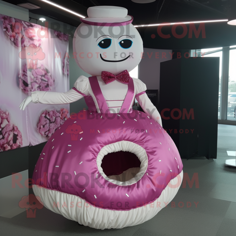 Magenta Donut mascot costume character dressed with a Wedding Dress and Cummerbunds Magenta Donut mascot costume character dressed with a Wedding Dress and Cummerbunds