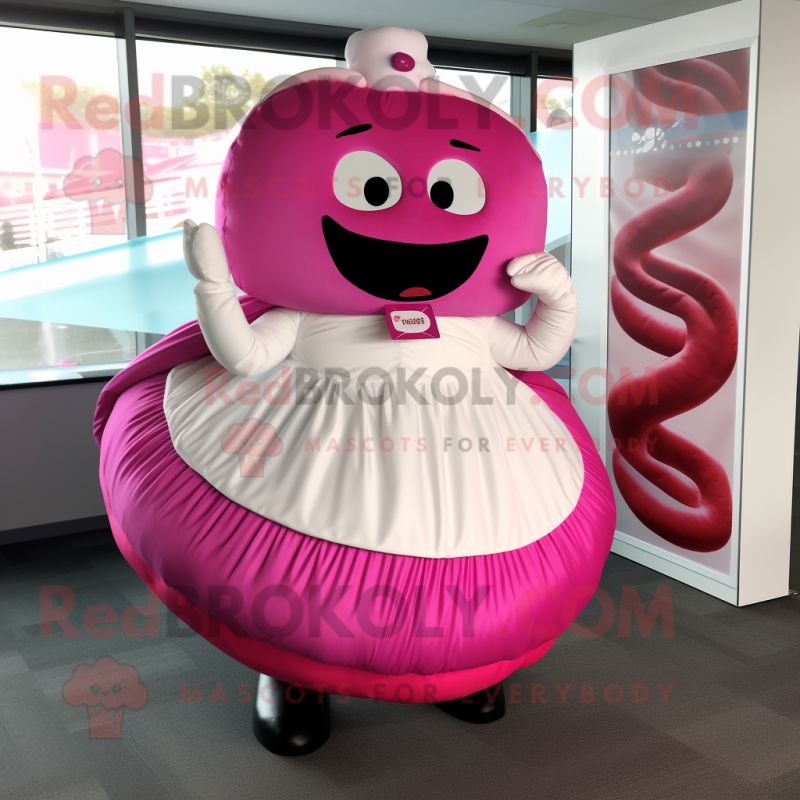 Magenta Donut mascot costume character dressed with a Wedding Dress and Cummerbunds Magenta Donut mascot costume character dressed with a Wedding Dress and Cummerbunds