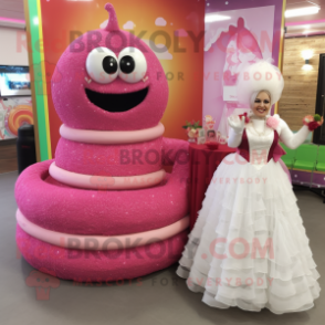 Magenta Donut mascot costume character dressed with a Wedding Dress and Cummerbunds