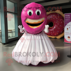Magenta Donut mascot costume character dressed with a Wedding Dress and Cummerbunds