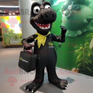 Black Crocodile mascot costume character dressed with a Playsuit and Messenger bags