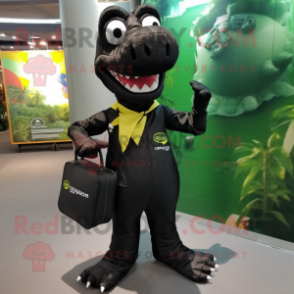 Black Crocodile mascot costume character dressed with a Playsuit and Messenger bags